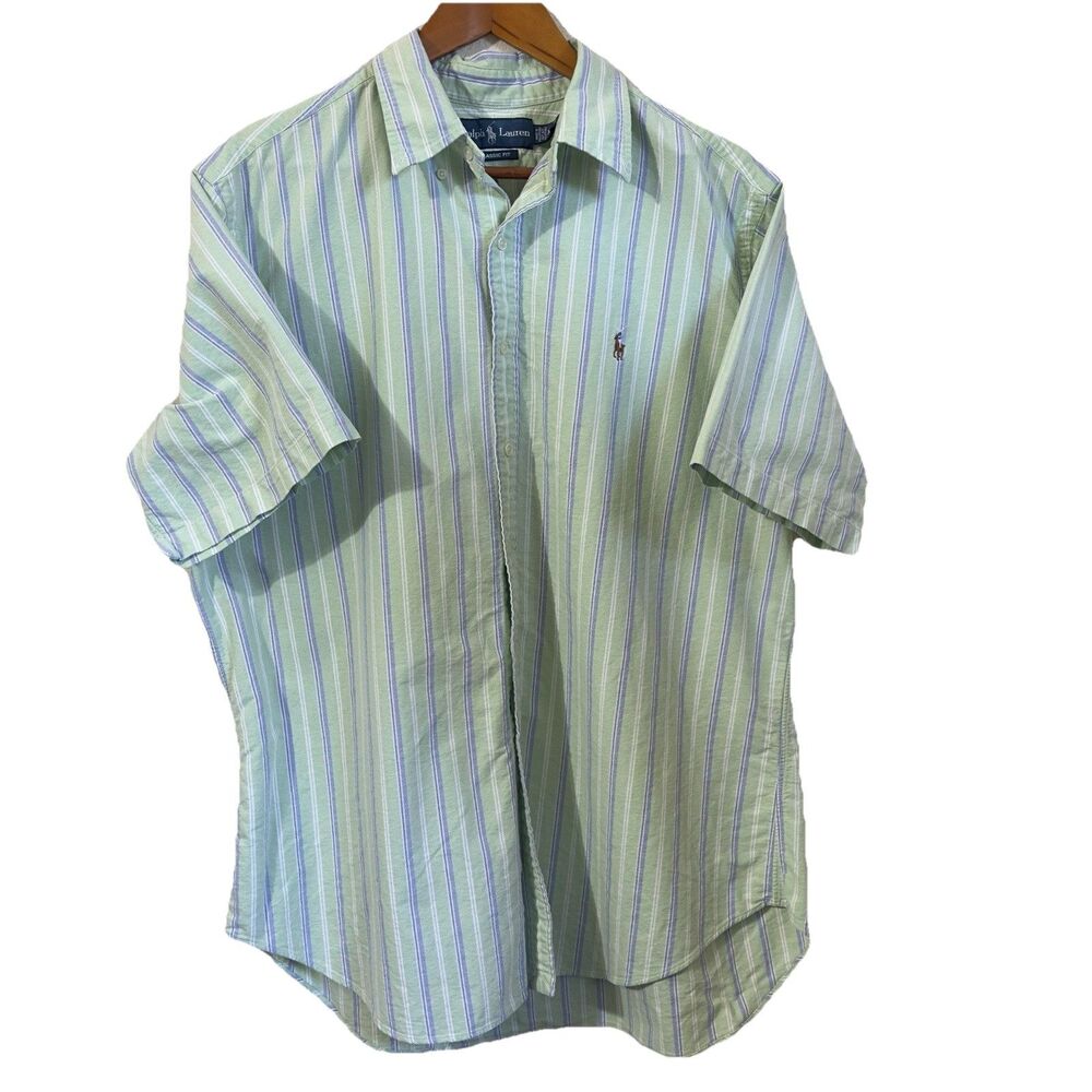 Ralph Lauren Button UpShirt Mens XL Classic Fit Short Sleeve Green Blue Striped